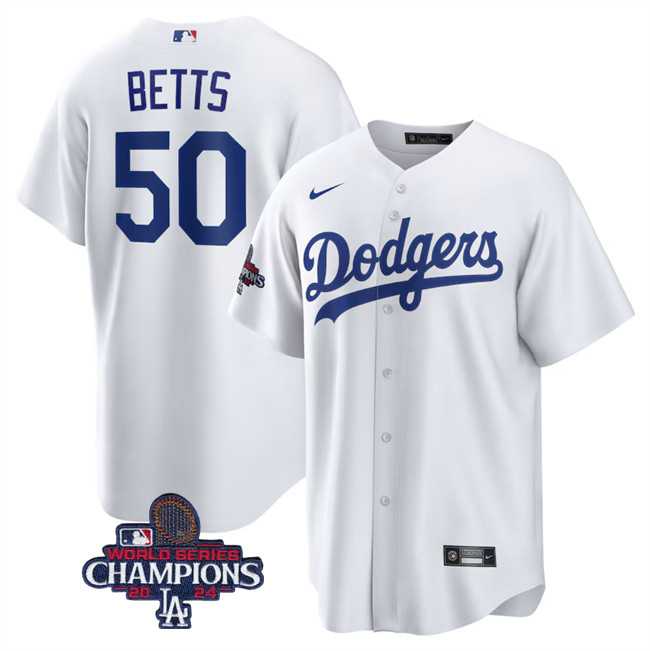 Men%27s Los Angeles Dodgers #50 Mookie Betts White 2024 World Series Champions Cool Base Stitched Baseball Jersey